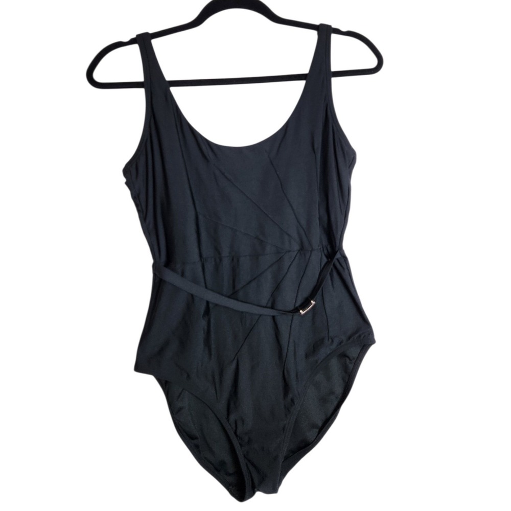 Calvin Klein Black Pleated Belted One Piece Swimsuit Adjustable Straps Size 12